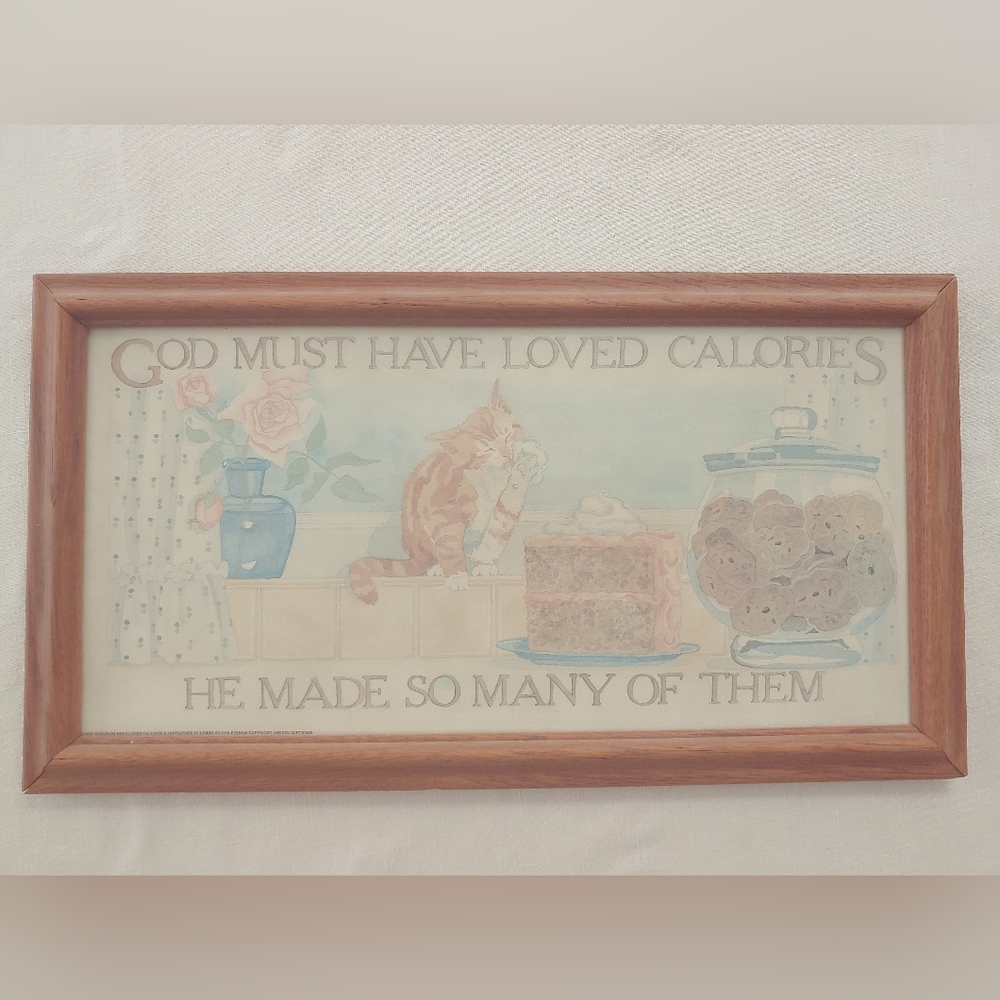 SOLD! Print "God Must Have Loved Calories" Print Watercolor Vtg 10" x 18" Framed